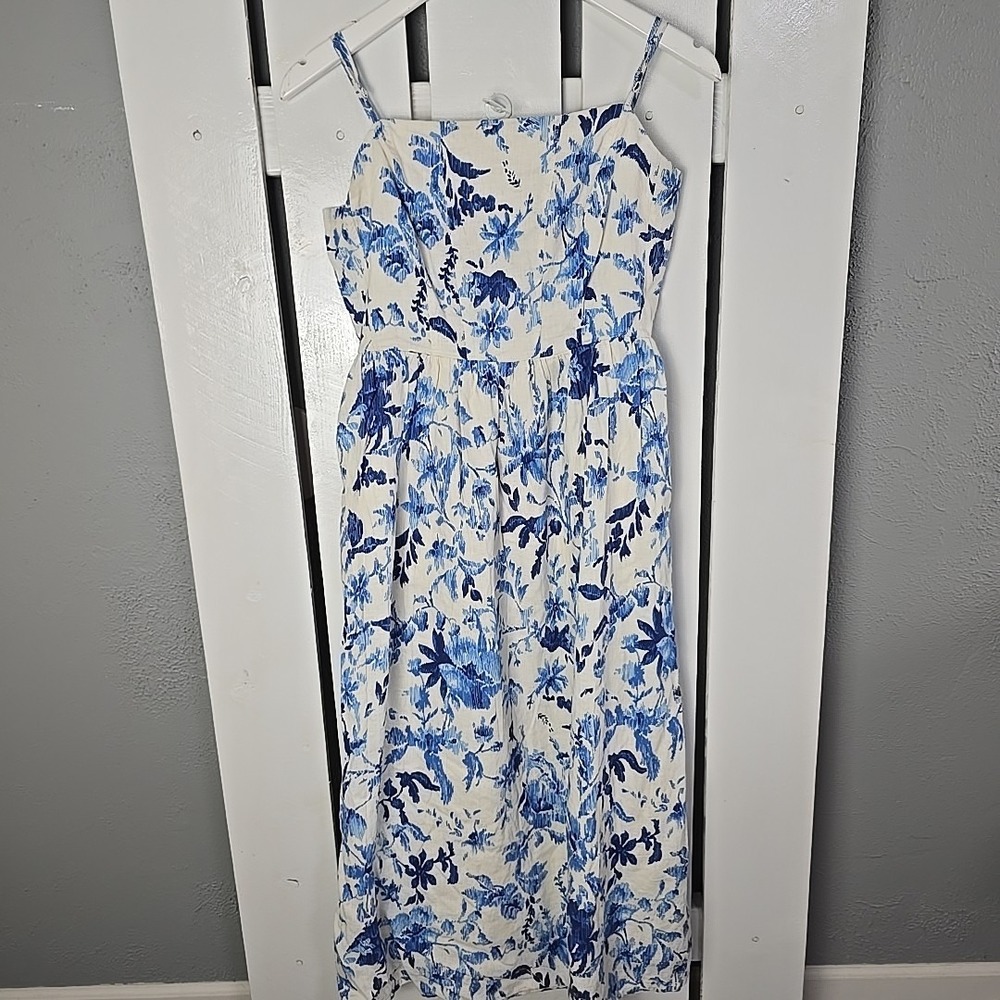 H&M Linen Blend Strappy Midi Dress‎ M Blue White Floral Cottage Feminine Beachy